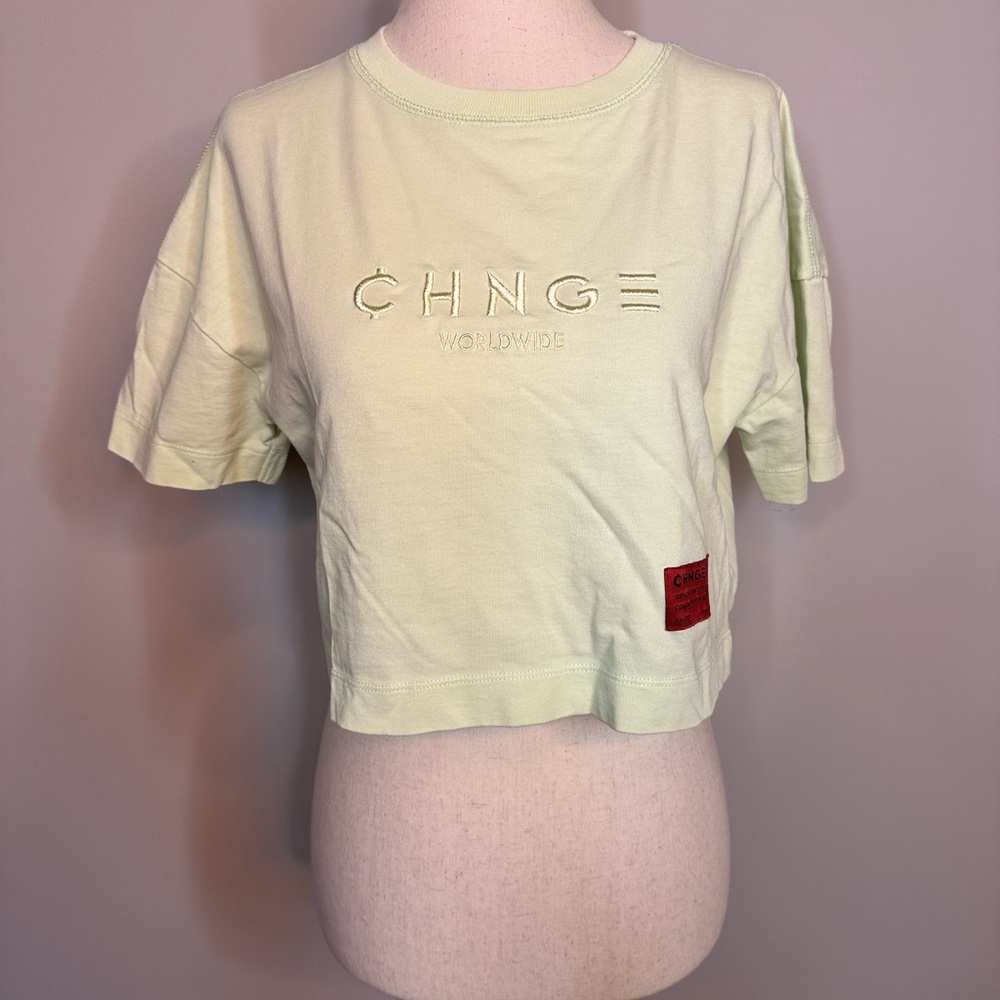 Sz XXS CHNGE embroidered cropped crop tee shirt lime green pastel boxy
